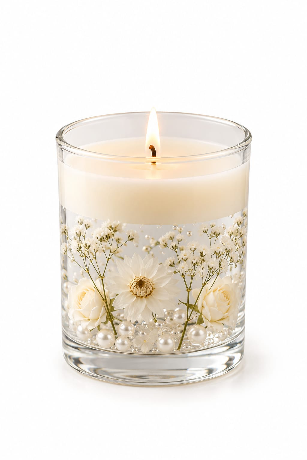 NÉRA Floral Pearl candle, a clear glass candle decorated with white roses, a daisy, baby's breath and pearl-like details