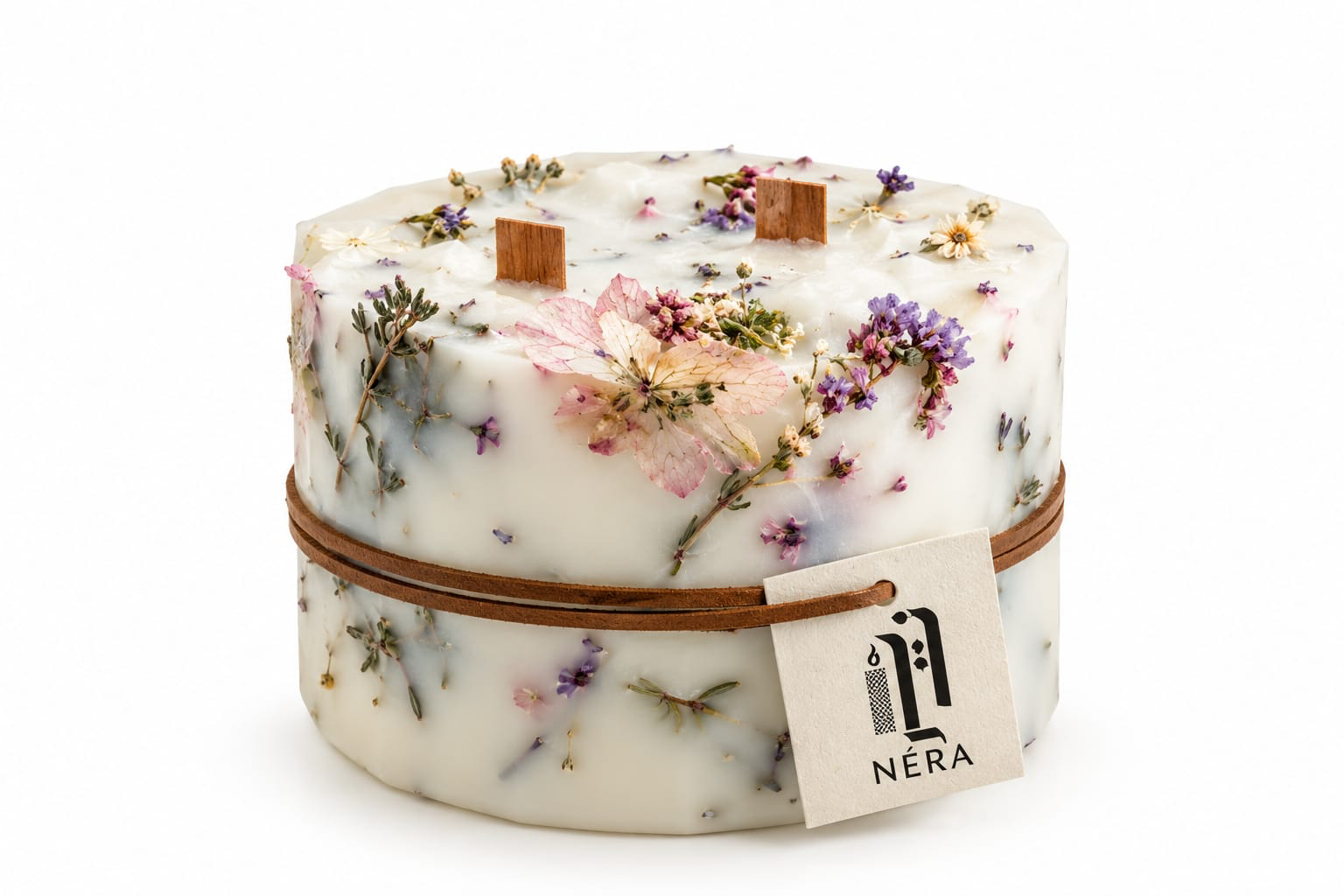 NÉRA Round Botanical candle, a creamy pillar candle decorated with dried flowers and botanicals, tied with a cord and a NÉRA hang tag